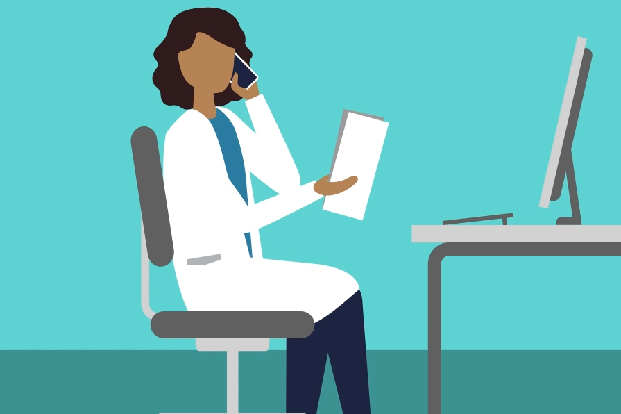 flat design illustration of a woman doctor sitting at desk on the phone with a piece of paper in hand