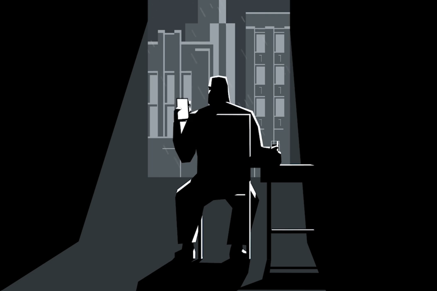 flat design illustration of a man sitting in a dark room in front of window looking at mobile device and a glass with liquid