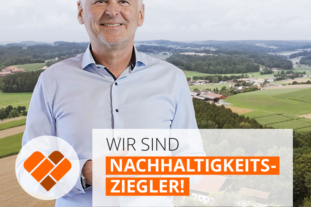 Man with white hair in blue shirt in front of rural landscape. Overlayed by icon of a heart made of bricks and typography saying wir sind nachhaltigkeitszielger!