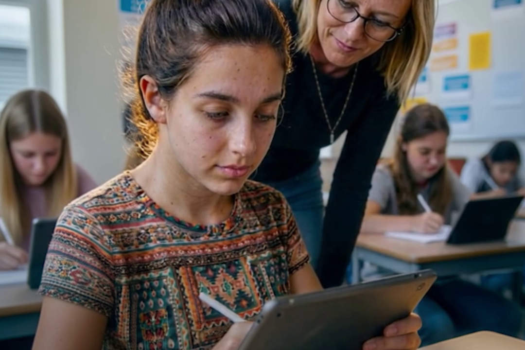 Female teenager working with digital device with and mature female teacher looking over her shoulder in classroom