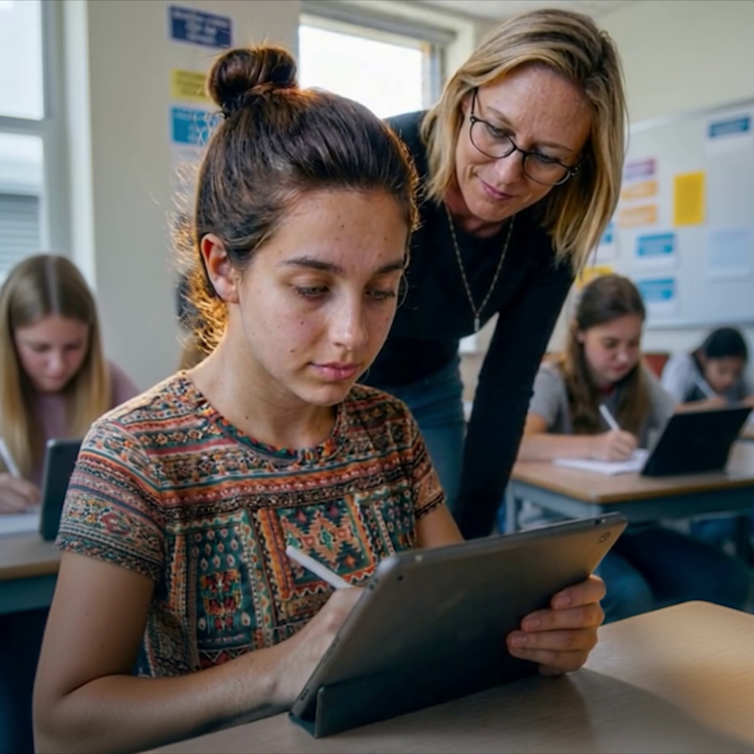 Female teenager working with digital device with and mature female teacher looking over her shoulder in classroom